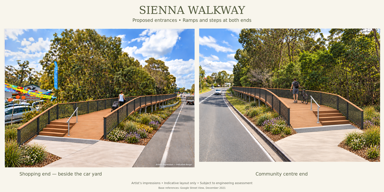 Simplified entrance concepts at the shopping and community centre ends, showing broad ramps and short stairs