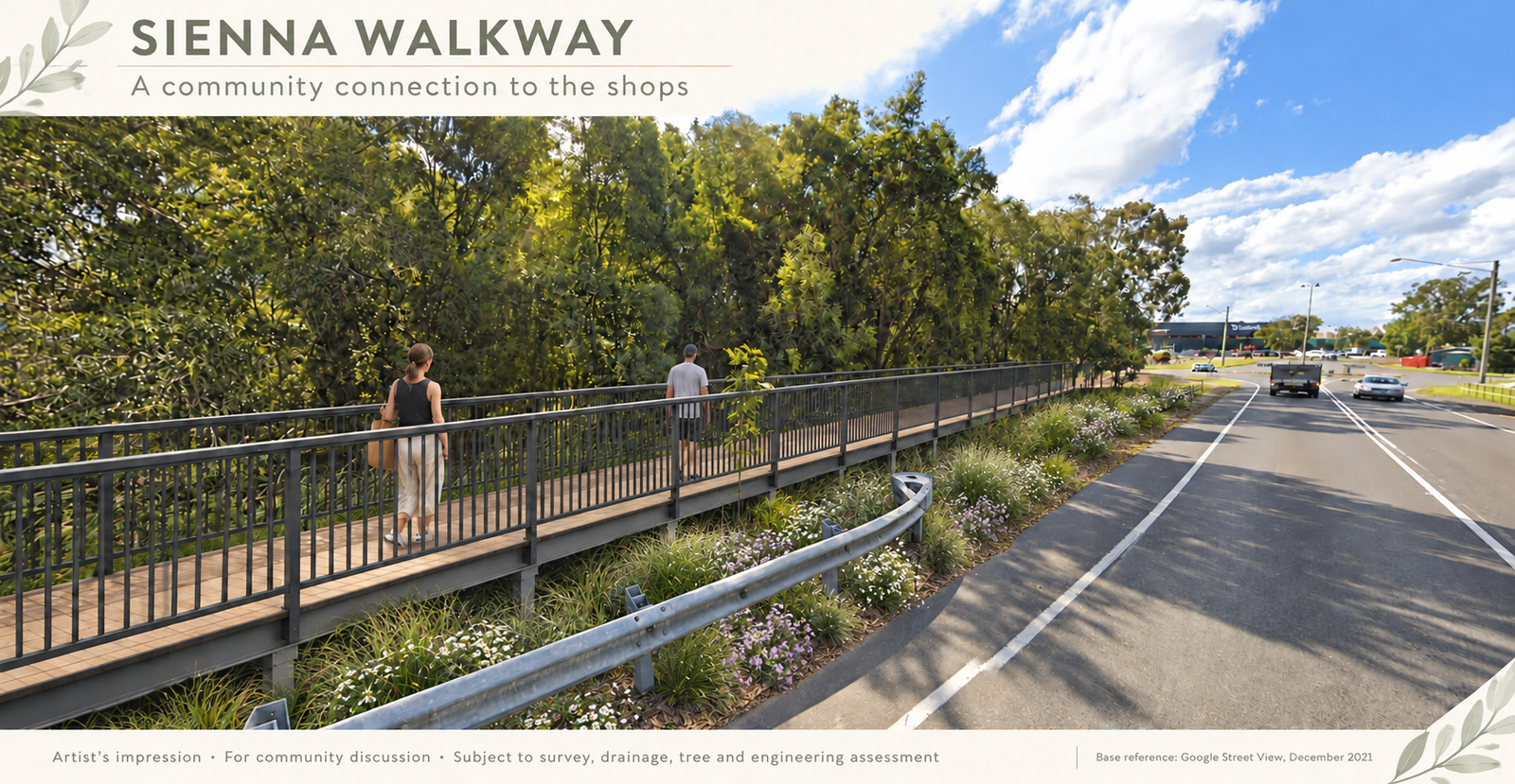 Reverse direction concept showing the boardwalk following the wooded verge beside the road