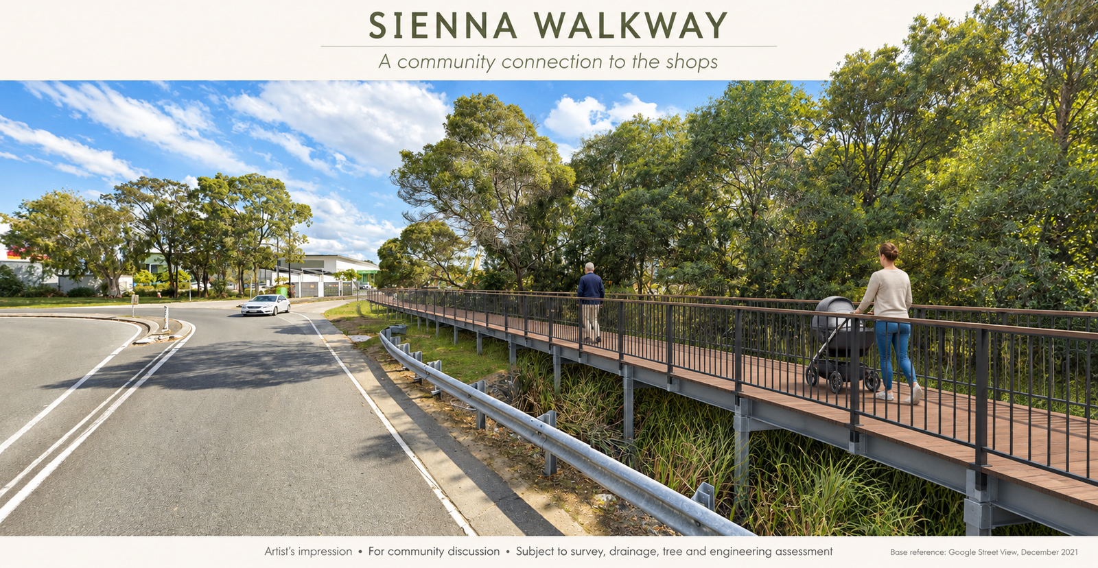 Artist’s impression of Sienna Walkway: a timber-look boardwalk through the treed verge behind the roadside barrier